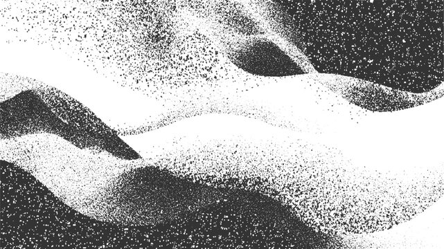 Black and white abstract grainy texture with undulating shapes and scattered particles background