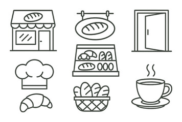 Bakery icons set: bread, pastry, chef hat, coffee cup, open door