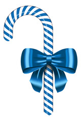Blue and white striped candy cane with bow. Realistic candy cane. Sweet stick for new year. Decoration sugar lollipop