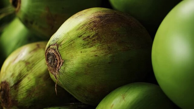 Green coconuts with brown scars piled together, close-up view.