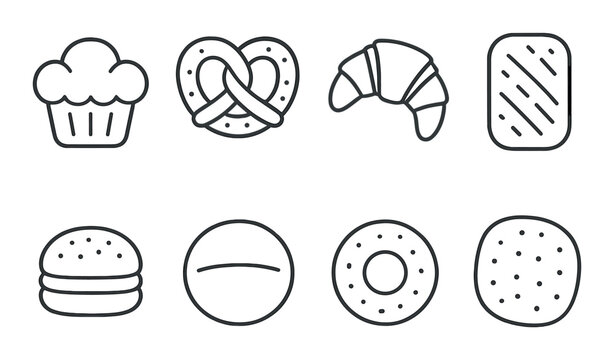 Monochrome icons of various bakery items on striped background