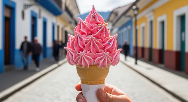 Hand holding a traditional Ecuadorian espumilla dessert in an ice cream cone on a city street