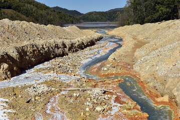Toxic mine water discharge, acid mine drainage contaminates the environment