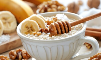 Oatmeal with banana and honey healthy breakfast food still life