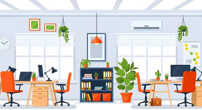  modern interior design of a luxury office with wooden furniture, a light wood floor, and a large window