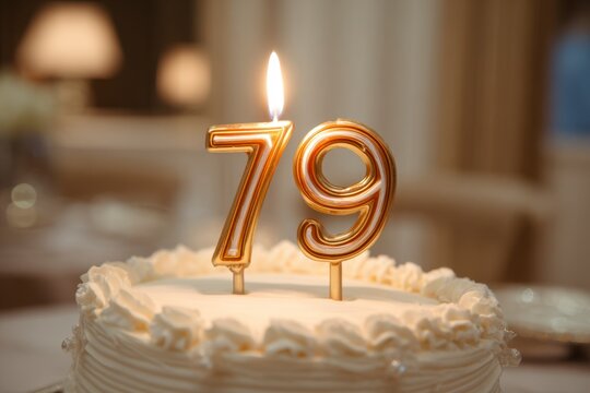 Celebration Cake with Golden Candles for 79th Birthday Occasion