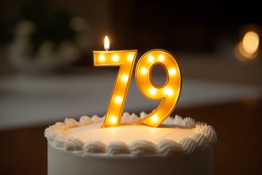 Golden Birthday Candle Number 79 on Cake with Soft Focus Background