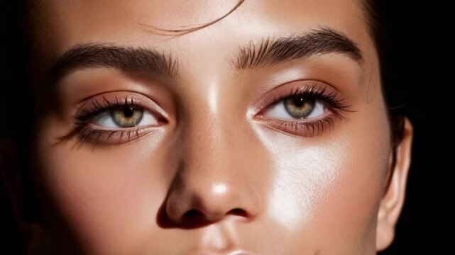 Close-up of a woman with dewy skin and highlighted cheek, showing a green eye.