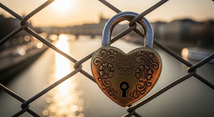 Heart shaped love lock on a bridge fence symbolizing romance during a beautiful golden sunset