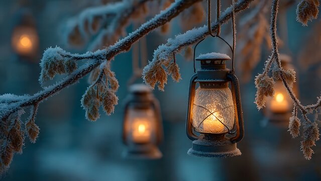 Glowing lanterns on frost-kissed branches cast warm light, creating a magical winter evening ambiance. Perfect for cozy enchantment and serene holiday spirit