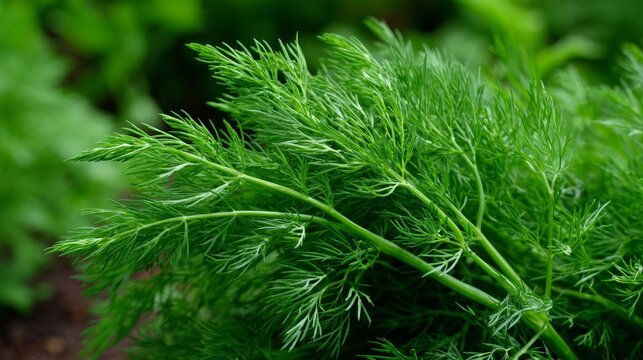 Freshly harvested dill showcasing its vibrant green color and feathery leaves in a garden setting - Powered by Adobe