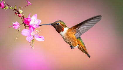 Fototapeta premium A hummingbird drinks nectar from vibrant pink flowers against a blurred, dreamy background