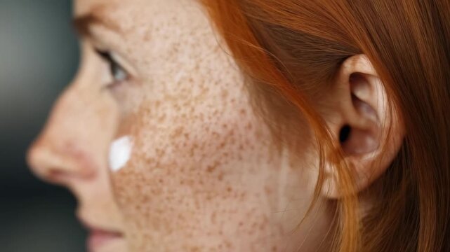 Close-up of a freckled face with a dab of white cream on the cheek.