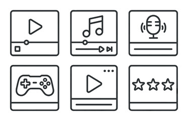Fototapeta premium Multimedia icons set featuring music, video, gaming, and rating symbols on metallic background