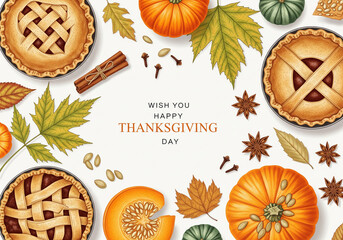 thanksgiving day background with pumpkin pie cinnamon and autumn leaves
