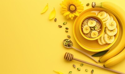 Oatmeal with banana slices and sunflower on yellow background for healthy eating