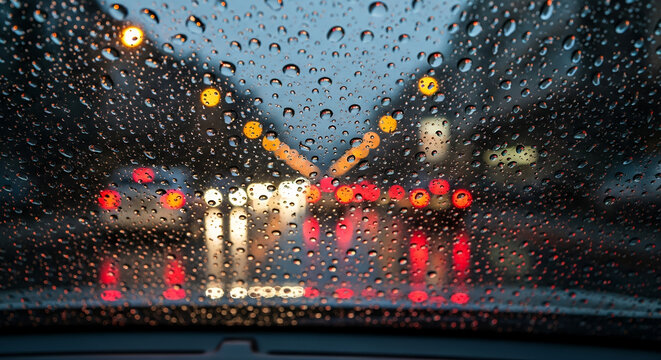 Rain droplets on car windshield during evening traffic at night  