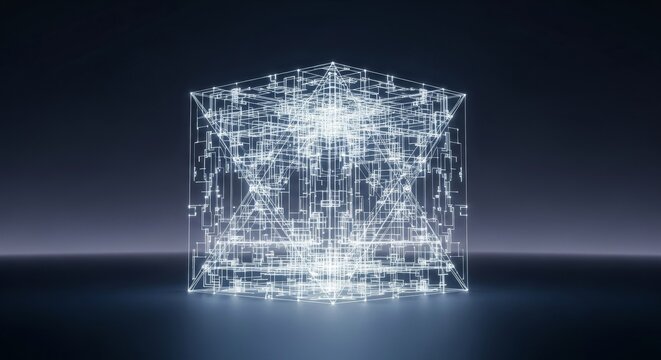 Abstract digital cube structure with glowing lines and connections.