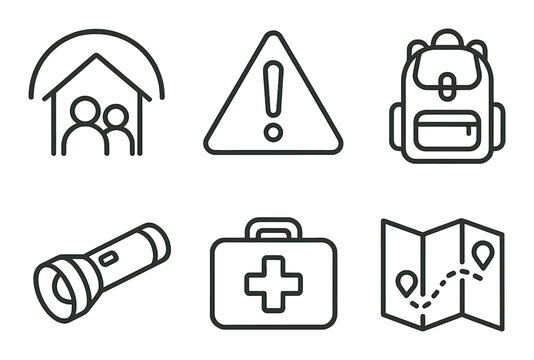 Essential survival icons: family, alert, backpack, flashlight, first aid, map