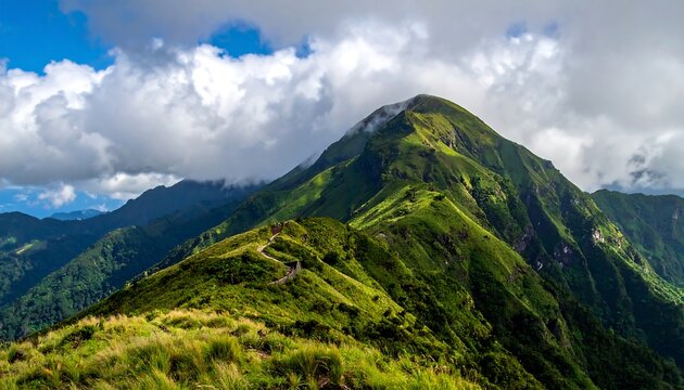 A mountain range covered in bright green grass under a cloudy sky, with a winding path visible
