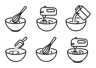 Baking preparation icons: whisk, mixer, pouring, mixing, ingredients