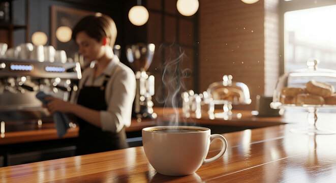 Barista preparing coffee in cafe with steaming cup on counter