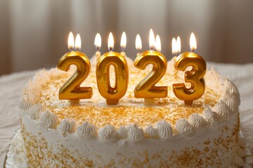 Golden 2023 Cake with Burning Candles for Graduation or Celebration