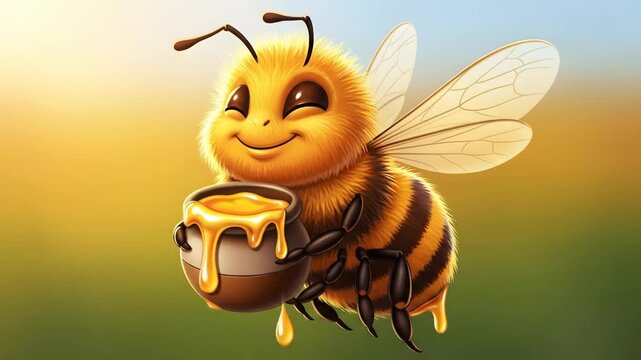 Cute cartoon bee holding pot dripping honey