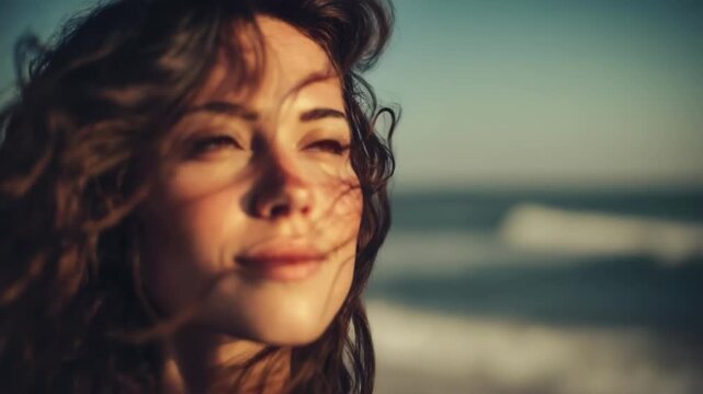 Close-up of a young woman with wavy hair, sunlit face, gazing upward with a calm expression, on a beach with the sea in the background.