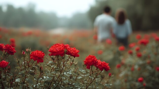 A couple walks through a vibrant red rose garden on a soft misty morning - Powered by Adobe
