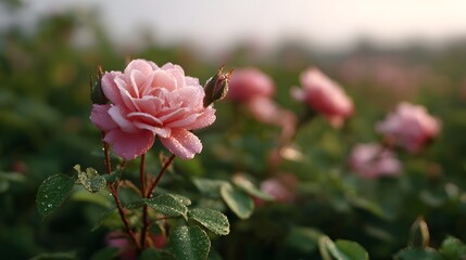 Naklejka premium A beautiful pink rose covered in morning dew drops glistening in the soft dawn light surrounded by a field of similar blooms