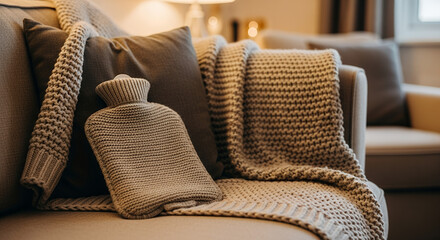 Fototapeta premium Cozy sofa with knitted blanket and hot water bottle in living room 
