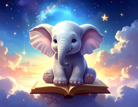 A charming illustration shows a baby elephant seated on a storybook floating amongst clouds, stars, and a luminous, colorful sky