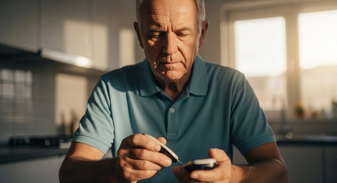 Senior Man Monitoring Blood Sugar Levels at Home.