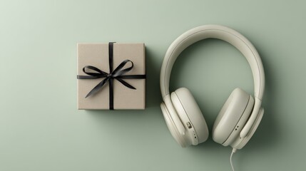 Gift Box With Black Ribbon And White Headphones On Soft Green Background, Modern Audio Accessory For Gift, Tech, And Holiday Presentation