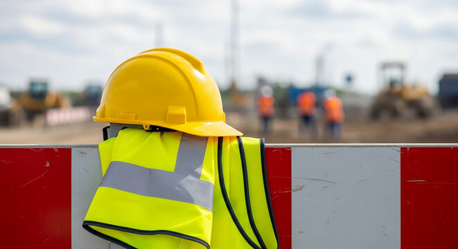 Yellow hard hat and reflective vest hanging on construction site barrier   - Powered by Adobe