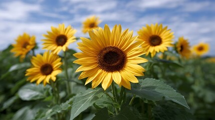 A field of vibrant yellow sunflowers blooms brightly under a clear blue sky on a sunny summer day