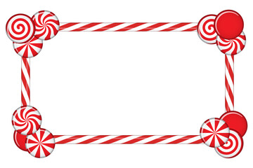 Candy cane frame with red and white striped. Border with striped candy lollipop pattern. Winter ornament decoration