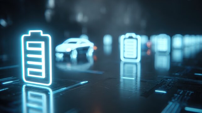 Futuristic Neon Battery Icons Light The Scene As An Electric Car Glides On A High-Tech Street