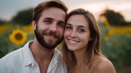 Fototapeta premium A happy couple smiles warmly together in a vibrant sunflower field at golden hour during dusk