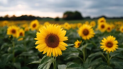 Fototapeta premium A stunning field of bright yellow sunflowers in full bloom bathed in the soft light of twilight under a moody cloudy sky evoking natural beauty and
