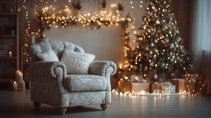 Cozy Christmas interior with armchair beside decorated tree, twinkling fairy lights, presents underneath, warm soft lighting, left side wide blank space ideal for brand text or holiday promotion