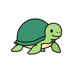 Cute Cartoon Green Turtle Smiling Adorable Character.