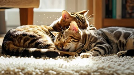 Cats snuggle together on plush carpet, showcasing adorable companionship, perfect for emotional brand stories or heartwarming advertising campaigns highlighting friendship and togetherness.