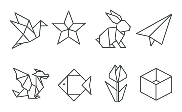 Origami designs: bird, star, rabbit, paper plane, dragon, fish, tulip, cube