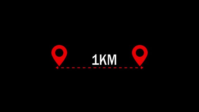 Distance from one place to another is one kilometer. location icon, 1 km distance icon