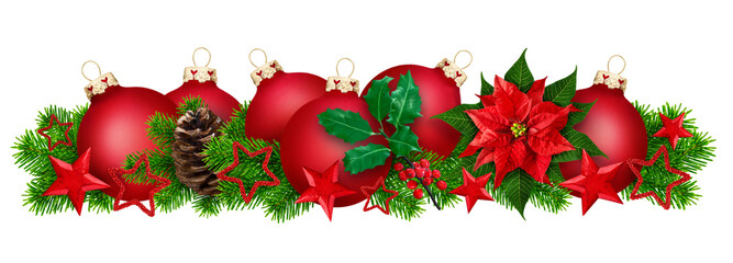 Red Christmas decoration with balls, winter rose and fir branches isolated on transparent background PNG cut out
