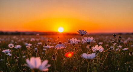 Fototapeta premium Golden Sunset Over a Field of Beautiful Wild Cosmos Flowers.