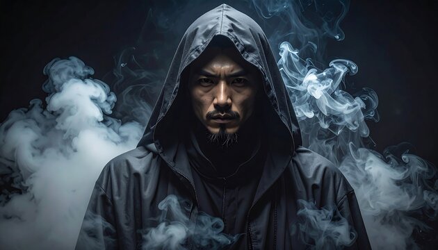 A man in a dark hooded robe stares intensely against a backdrop of swirling smoke and a stark, black background