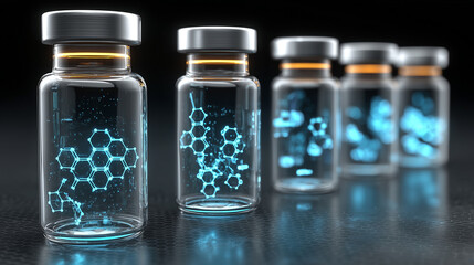 Futuristic healthcare bottles with glowing molecular pattern